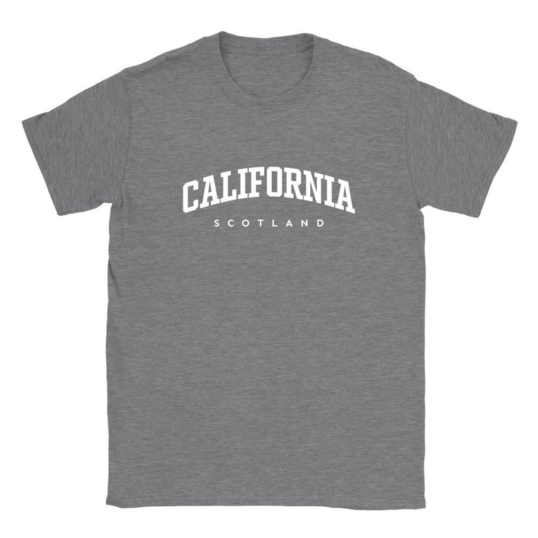 California T Shirt which features white text centered on the chest which says the Village name California in varsity style arched writing with Scotland printed underneath.