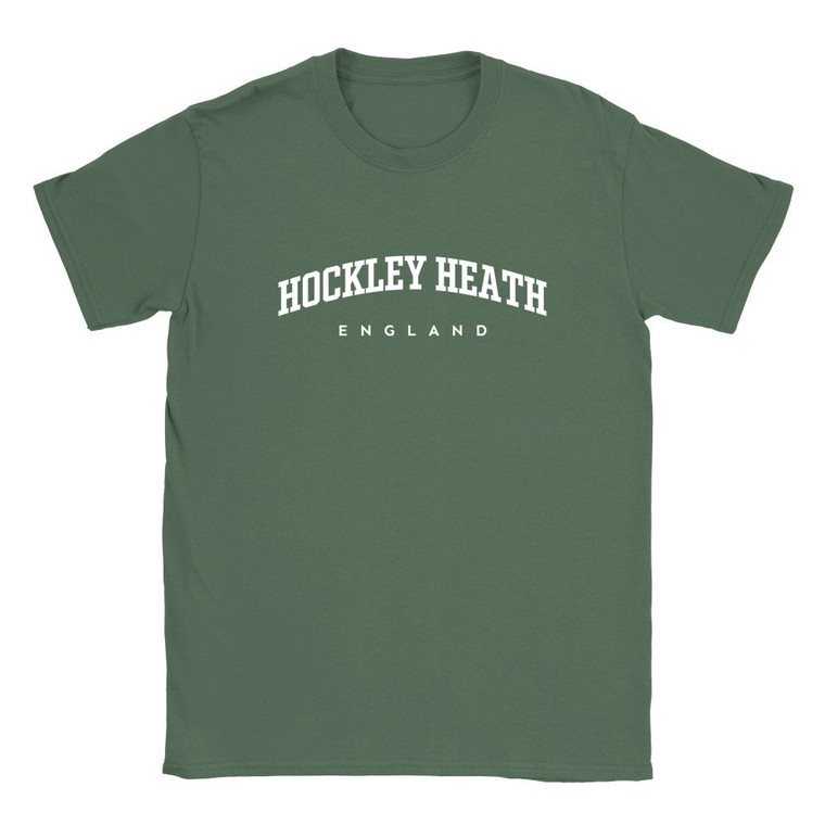 Hockley Heath T Shirt which features white text centered on the chest which says the Village name Hockley Heath in varsity style arched writing with England printed underneath.