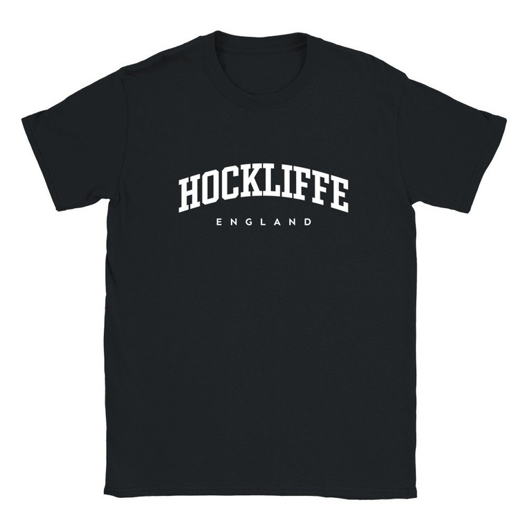 Hockliffe T Shirt which features white text centered on the chest which says the Village name Hockliffe in varsity style arched writing with England printed underneath.