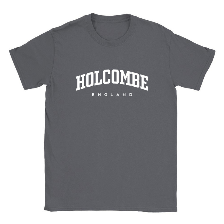 Holcombe T Shirt which features white text centered on the chest which says the Village name Holcombe in varsity style arched writing with England printed underneath.