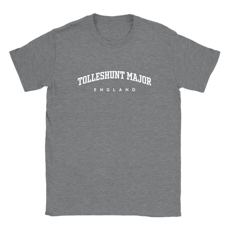 Tolleshunt Major T Shirt which features white text centered on the chest which says the Village name Tolleshunt Major in varsity style arched writing with England printed underneath.