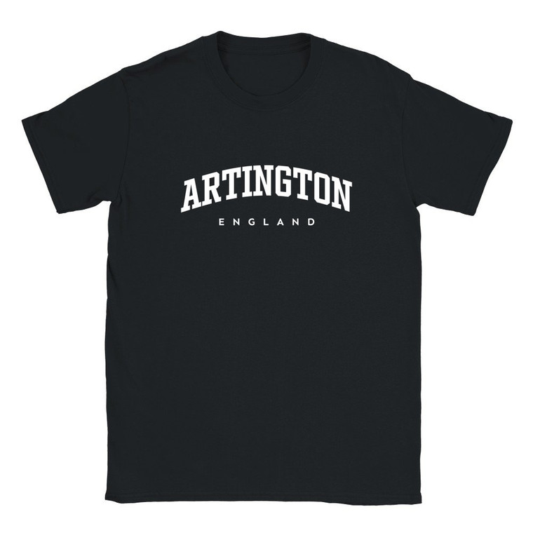 Artington T Shirt which features white text centered on the chest which says the Village name Artington in varsity style arched writing with England printed underneath.