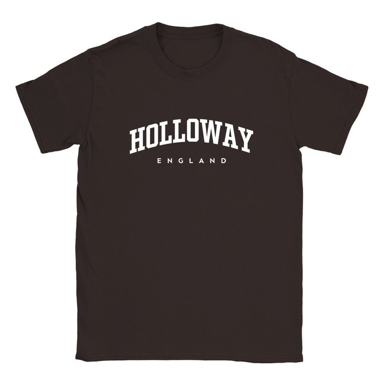 Holloway T Shirt which features white text centered on the chest which says the Village name Holloway in varsity style arched writing with England printed underneath.