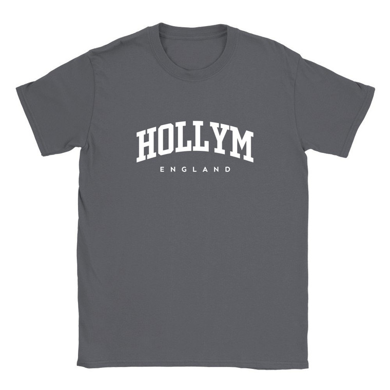 Hollym T Shirt which features white text centered on the chest which says the Village name Hollym in varsity style arched writing with England printed underneath.