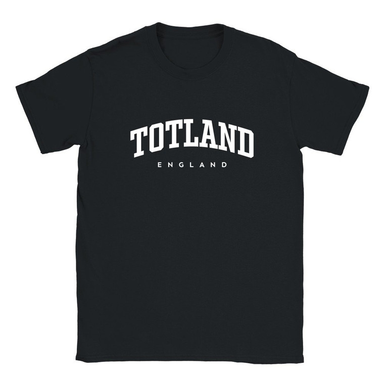 Totland T Shirt which features white text centered on the chest which says the Village name Totland in varsity style arched writing with England printed underneath.
