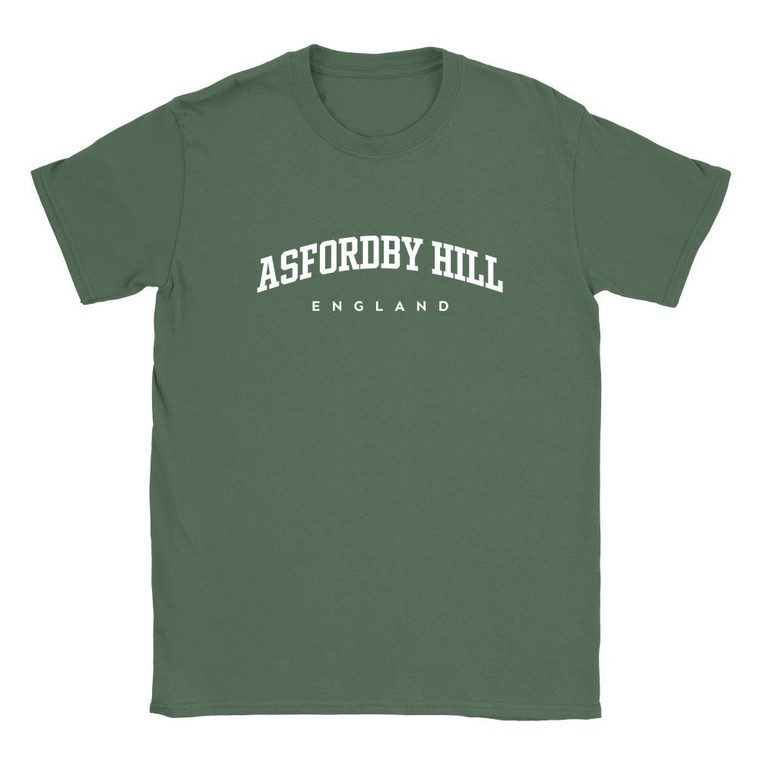 Asfordby Hill T Shirt which features white text centered on the chest which says the Village name Asfordby Hill in varsity style arched writing with England printed underneath.