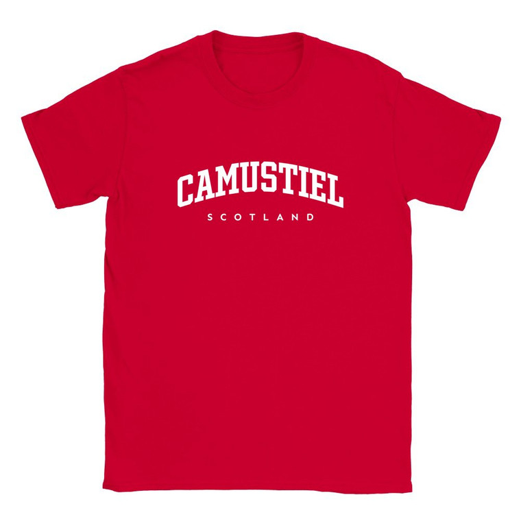 Camustiel T Shirt which features white text centered on the chest which says the Village name Camustiel in varsity style arched writing with Scotland printed underneath.