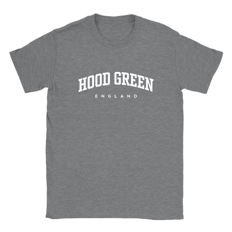 Hood Green T Shirt which features white text centered on the chest which says the Village name Hood Green in varsity style arched writing with England printed underneath.