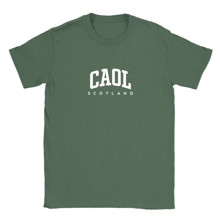 Caol T Shirt which features white text centered on the chest which says the Village name Caol in varsity style arched writing with Scotland printed underneath.