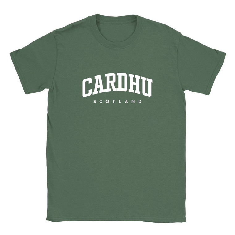 Cardhu T Shirt which features white text centered on the chest which says the Village name Cardhu in varsity style arched writing with Scotland printed underneath.