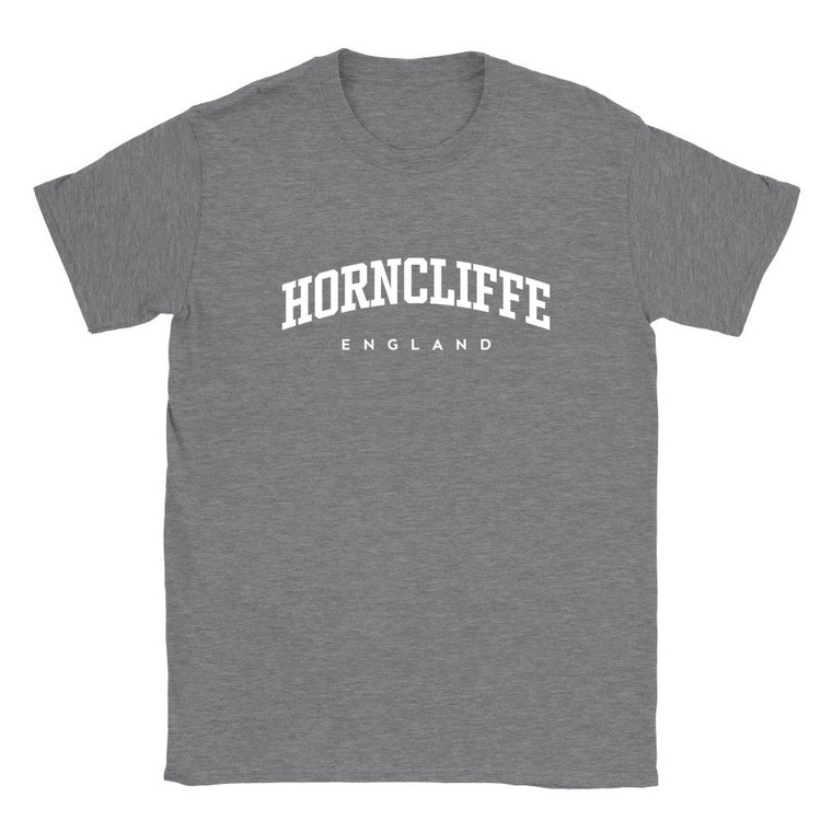 Horncliffe T Shirt which features white text centered on the chest which says the Village name Horncliffe in varsity style arched writing with England printed underneath.