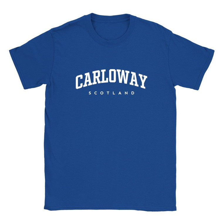 Carloway T Shirt which features white text centered on the chest which says the Village name Carloway in varsity style arched writing with Scotland printed underneath.