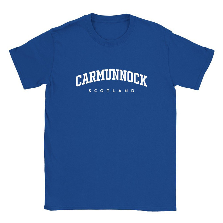 Carmunnock T Shirt which features white text centered on the chest which says the Village name Carmunnock in varsity style arched writing with Scotland printed underneath.