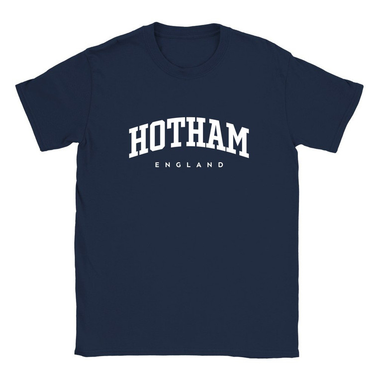 Hotham T Shirt which features white text centered on the chest which says the Village name Hotham in varsity style arched writing with England printed underneath.