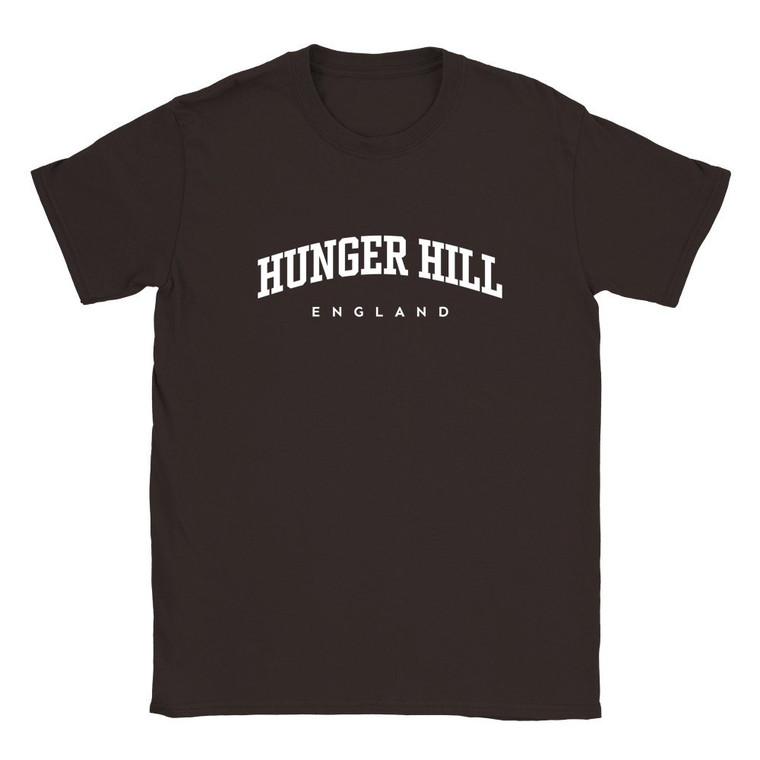 Hunger Hill T Shirt which features white text centered on the chest which says the Village name Hunger Hill in varsity style arched writing with England printed underneath.