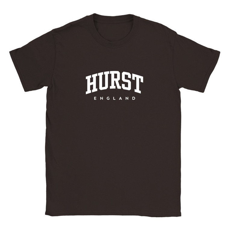 Hurst T Shirt which features white text centered on the chest which says the Village name Hurst in varsity style arched writing with England printed underneath.