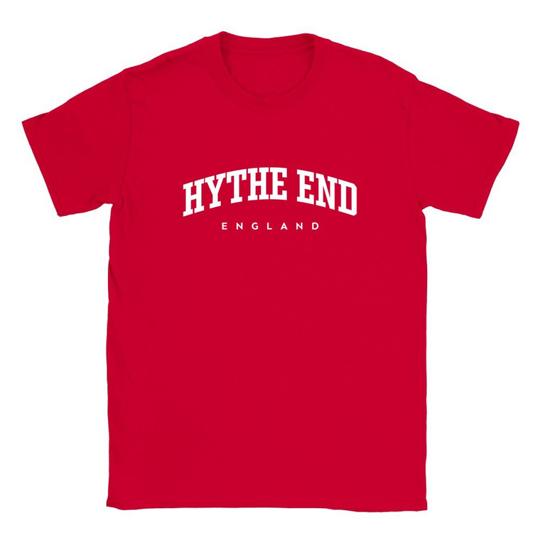 Hythe End T Shirt which features white text centered on the chest which says the Village name Hythe End in varsity style arched writing with England printed underneath.