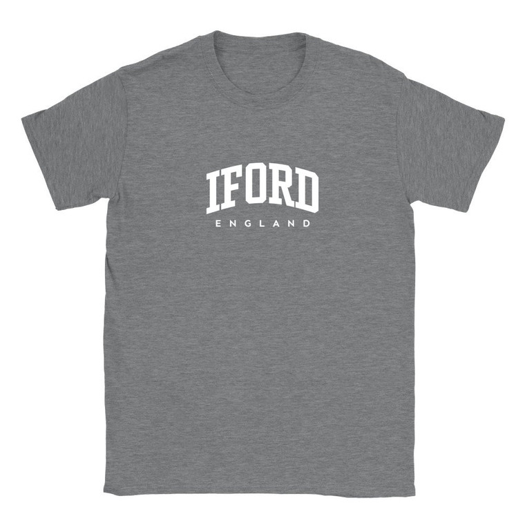 Iford T Shirt which features white text centered on the chest which says the Village name Iford in varsity style arched writing with England printed underneath.