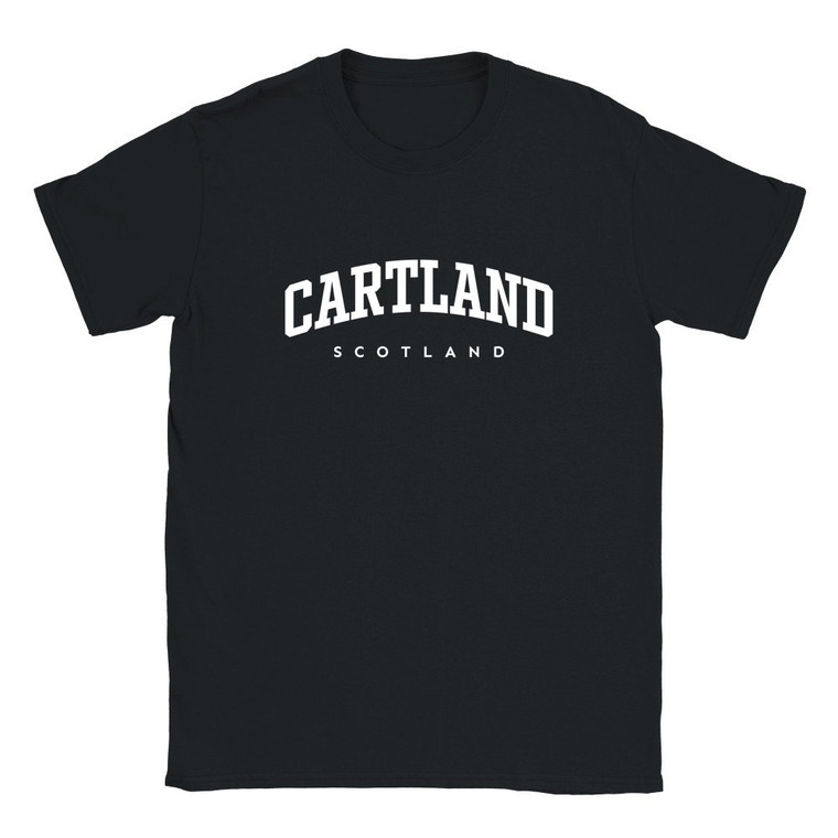 Cartland T Shirt which features white text centered on the chest which says the Village name Cartland in varsity style arched writing with Scotland printed underneath.