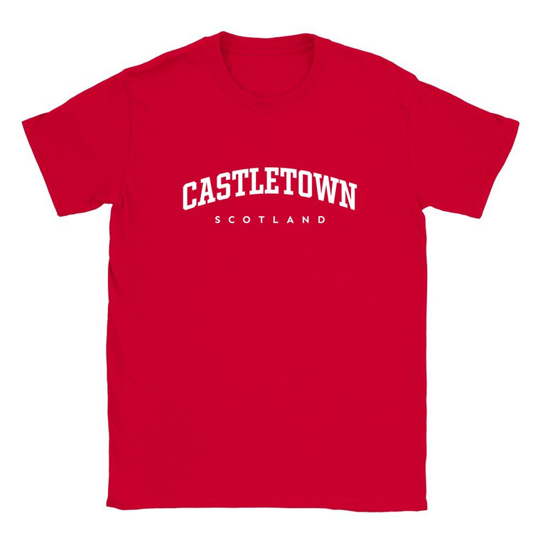 Castletown T Shirt which features white text centered on the chest which says the Village name Castletown in varsity style arched writing with Scotland printed underneath.