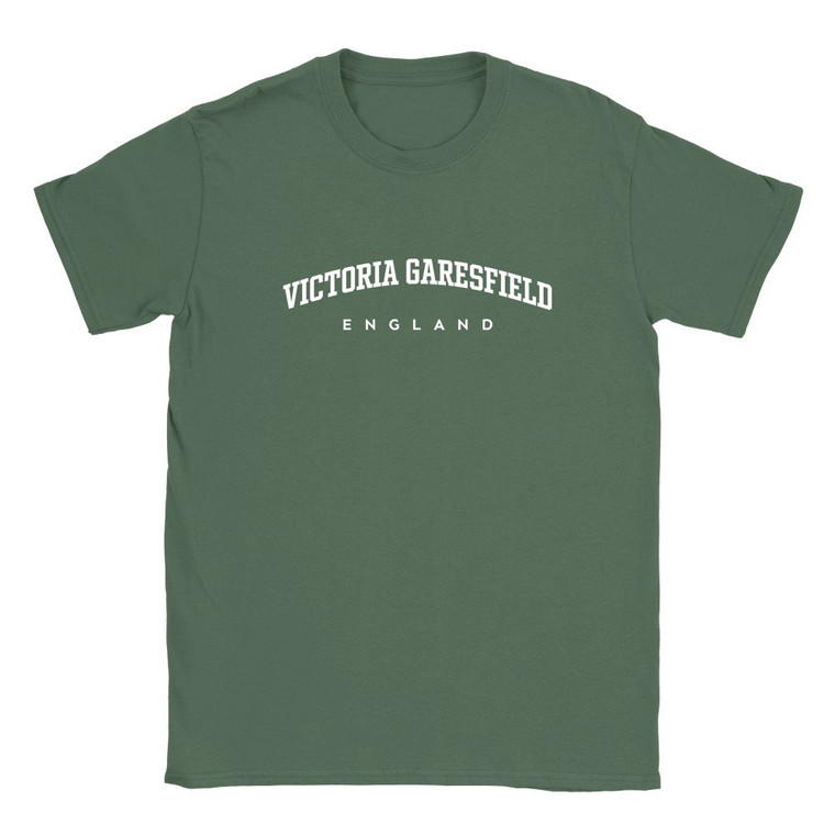 Victoria Garesfield T Shirt which features white text centered on the chest which says the Village name Victoria Garesfield in varsity style arched writing with England printed underneath.