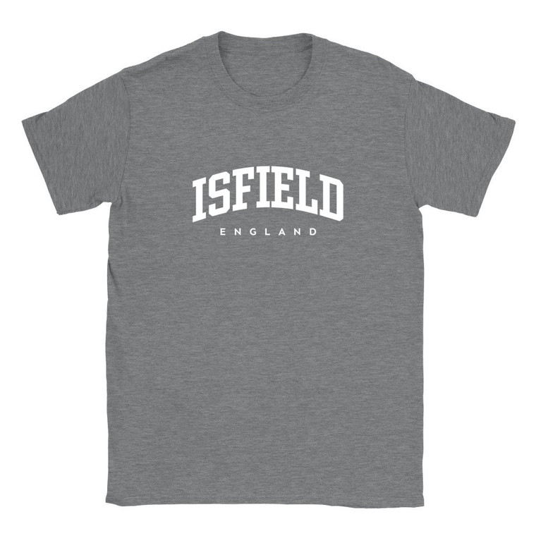 Isfield T Shirt which features white text centered on the chest which says the Village name Isfield in varsity style arched writing with England printed underneath.