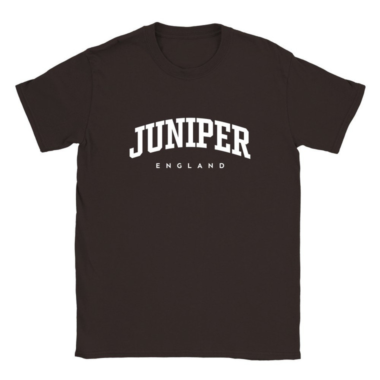 Juniper T Shirt which features white text centered on the chest which says the Village name Juniper in varsity style arched writing with England printed underneath.