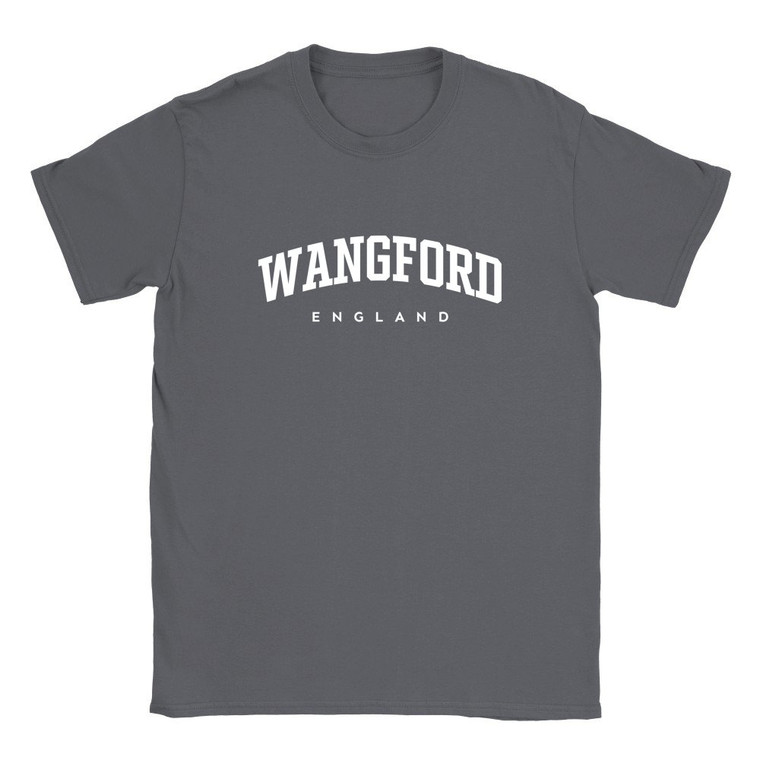 Wangford T Shirt which features white text centered on the chest which says the Village name Wangford in varsity style arched writing with England printed underneath.