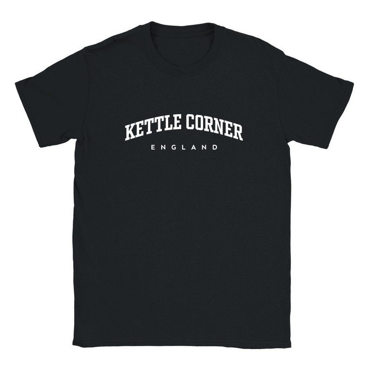 Kettle Corner T Shirt which features white text centered on the chest which says the Village name Kettle Corner in varsity style arched writing with England printed underneath.