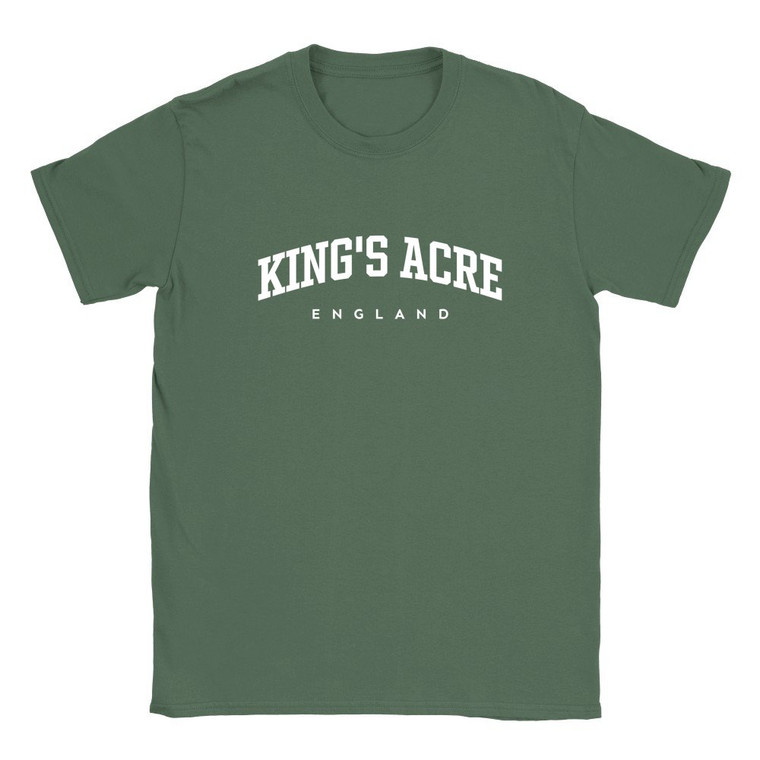 King's Acre T Shirt which features white text centered on the chest which says the Village name King's Acre in varsity style arched writing with England printed underneath.