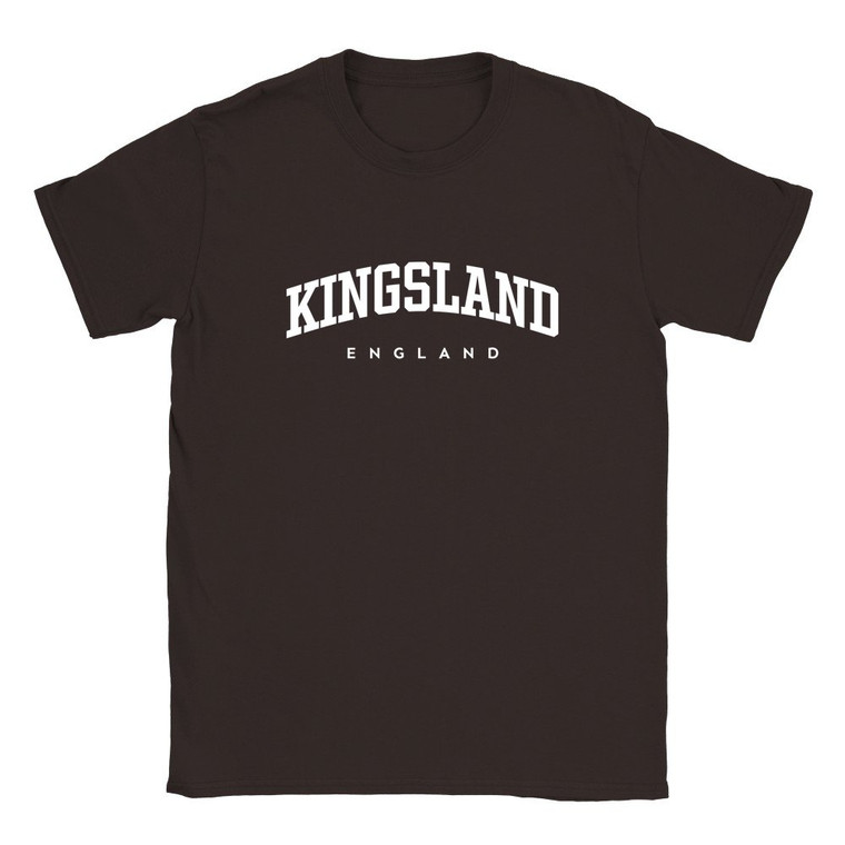 Kingsland T Shirt which features white text centered on the chest which says the Village name Kingsland in varsity style arched writing with England printed underneath.