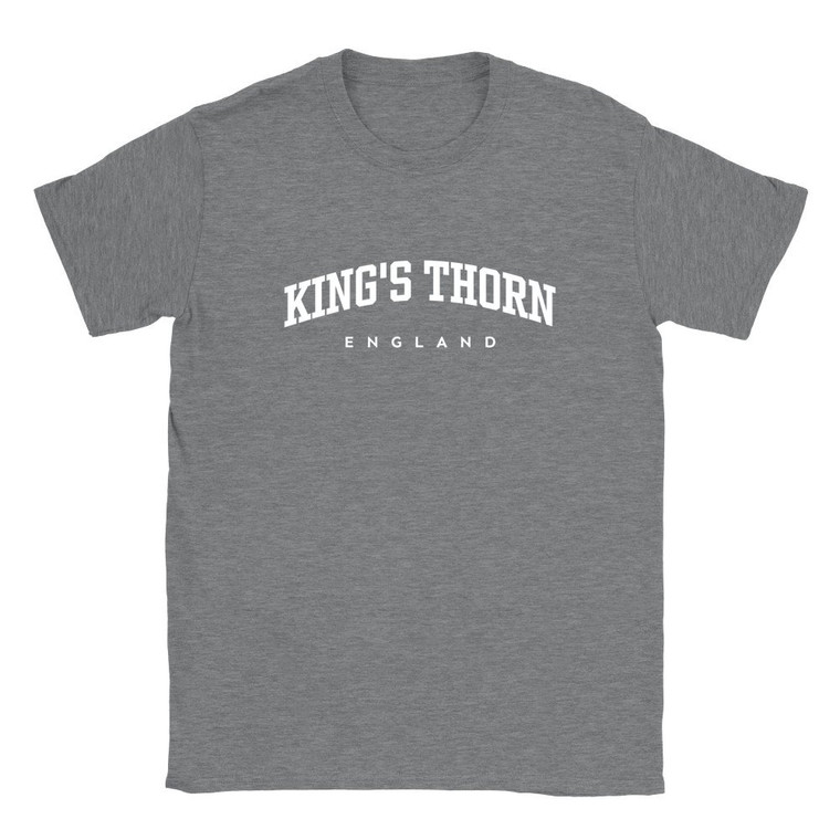 King's Thorn T Shirt which features white text centered on the chest which says the Village name King's Thorn in varsity style arched writing with England printed underneath.