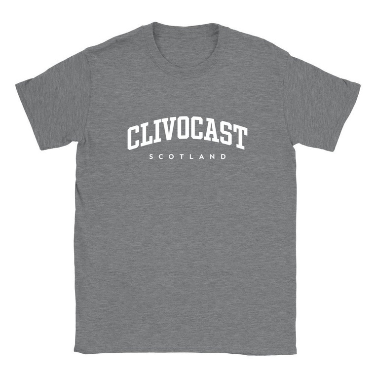 Clivocast T Shirt which features white text centered on the chest which says the Village name Clivocast in varsity style arched writing with Scotland printed underneath.