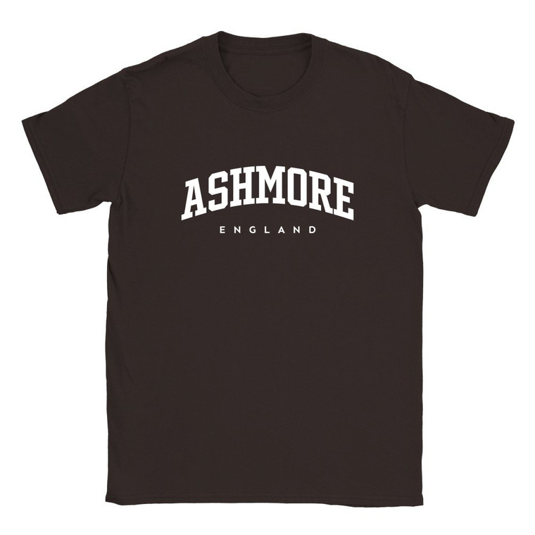 Ashmore T Shirt which features white text centered on the chest which says the Village name Ashmore in varsity style arched writing with England printed underneath.