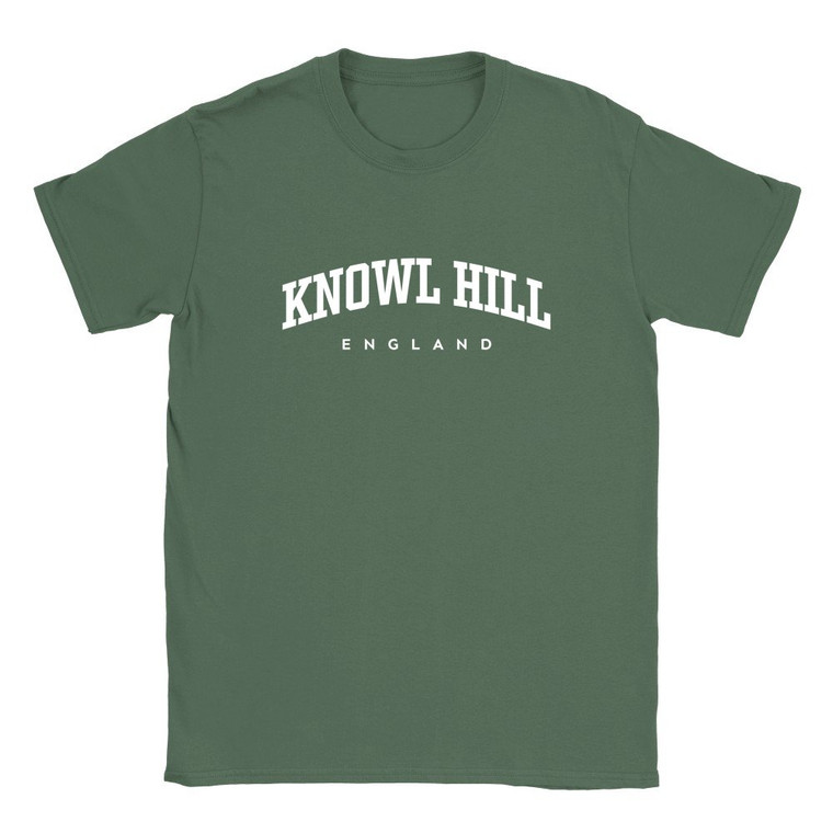 Knowl Hill T Shirt which features white text centered on the chest which says the Village name Knowl Hill in varsity style arched writing with England printed underneath.