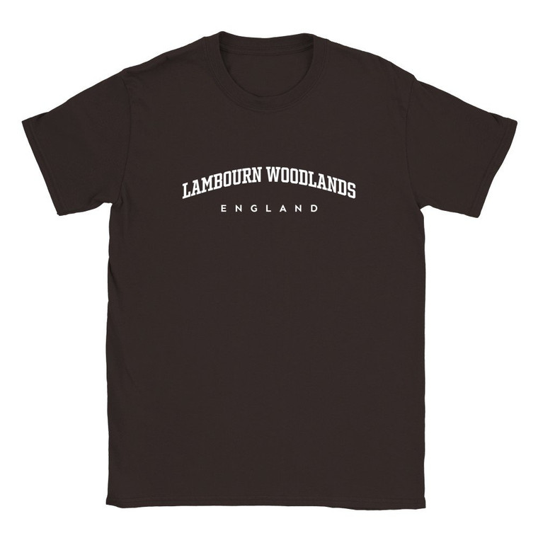 Lambourn Woodlands T Shirt which features white text centered on the chest which says the Village name Lambourn Woodlands in varsity style arched writing with England printed underneath.
