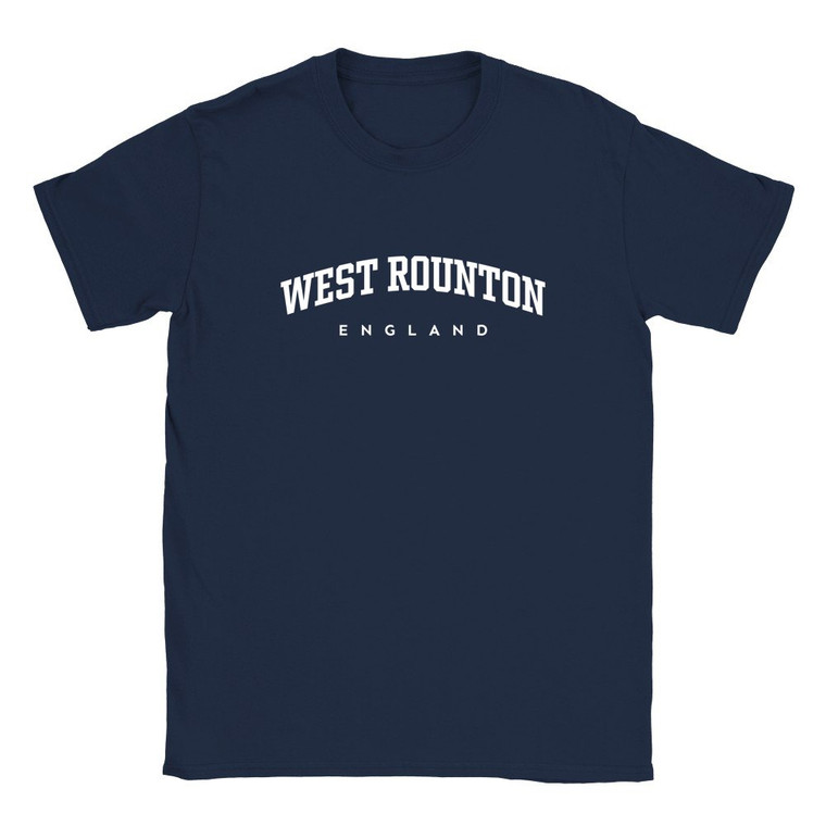 West Rounton T Shirt which features white text centered on the chest which says the Village name West Rounton in varsity style arched writing with England printed underneath.