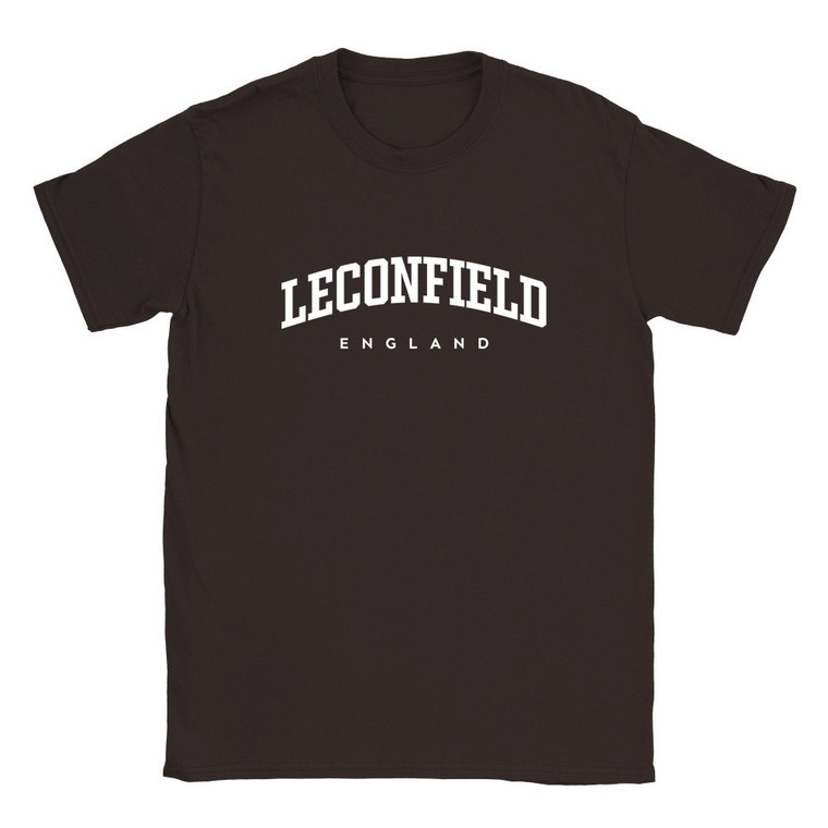 Leconfield T Shirt which features white text centered on the chest which says the Village name Leconfield in varsity style arched writing with England printed underneath.