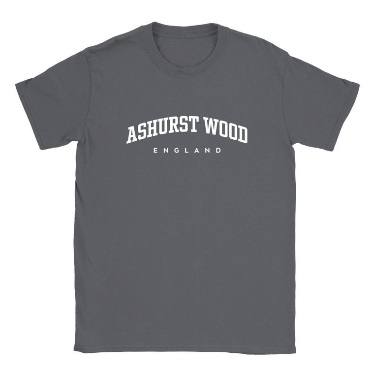 Ashurst Wood T Shirt which features white text centered on the chest which says the Village name Ashurst Wood in varsity style arched writing with England printed underneath.