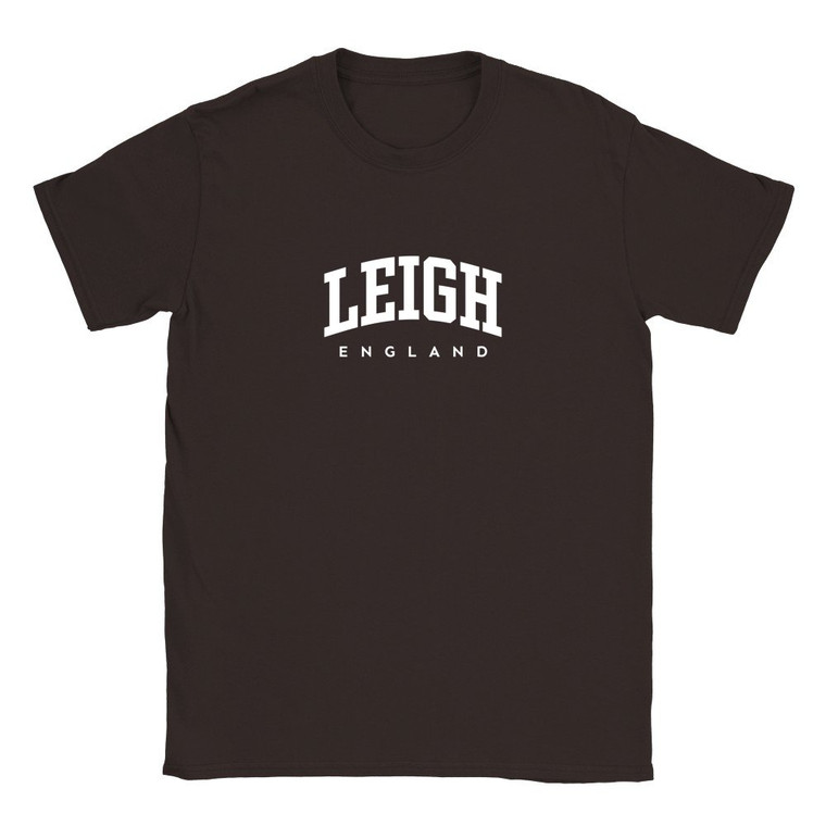 Leigh T Shirt which features white text centered on the chest which says the Village name Leigh in varsity style arched writing with England printed underneath.