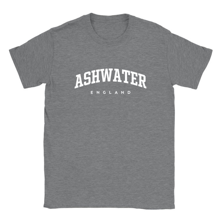 Ashwater T Shirt which features white text centered on the chest which says the Village name Ashwater in varsity style arched writing with England printed underneath.