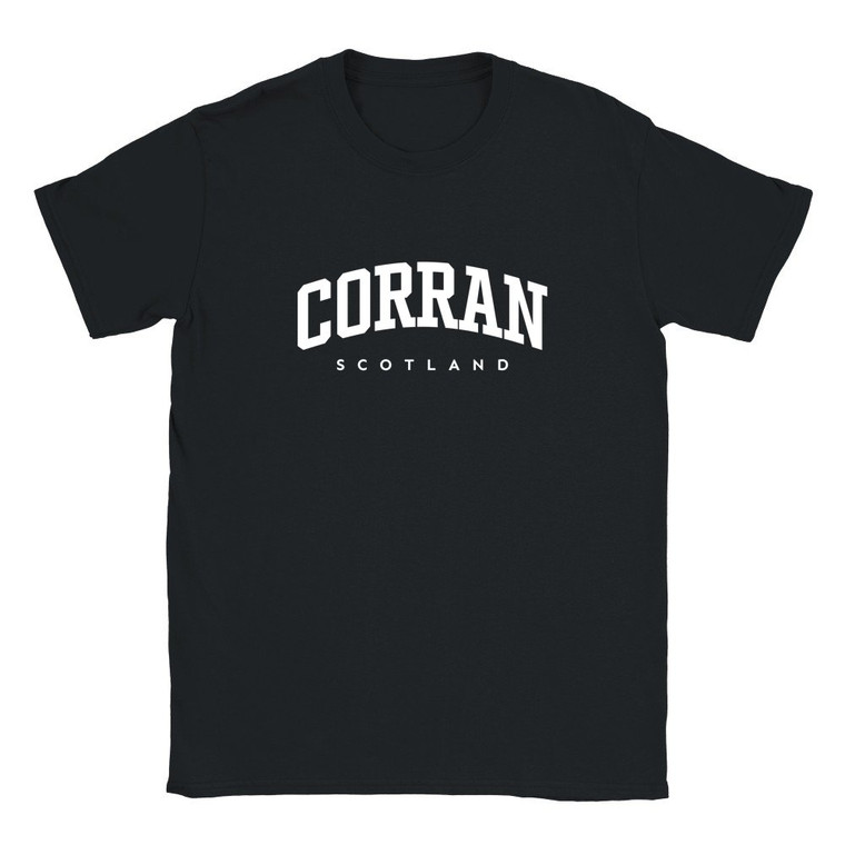 Corran T Shirt which features white text centered on the chest which says the Village name Corran in varsity style arched writing with Scotland printed underneath.