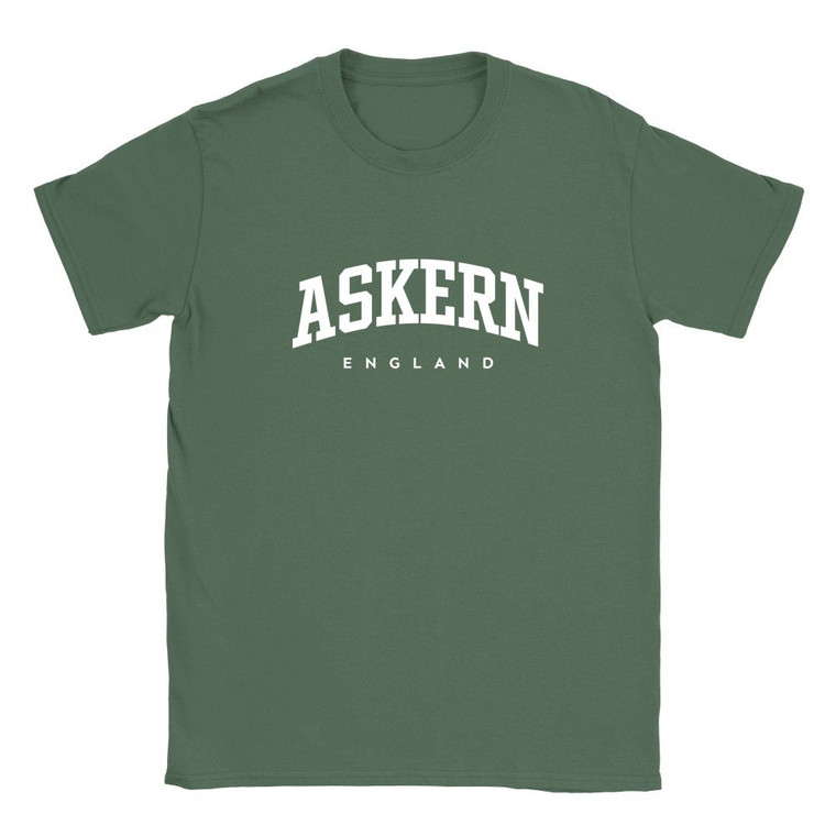 Askern T Shirt which features white text centered on the chest which says the Village name Askern in varsity style arched writing with England printed underneath.