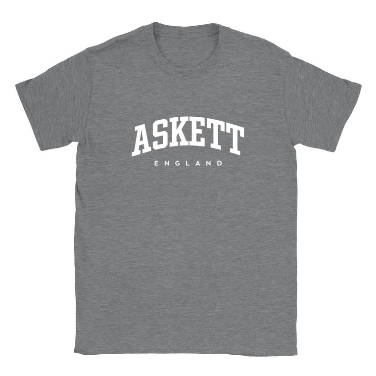 Askett T Shirt which features white text centered on the chest which says the Village name Askett in varsity style arched writing with England printed underneath.