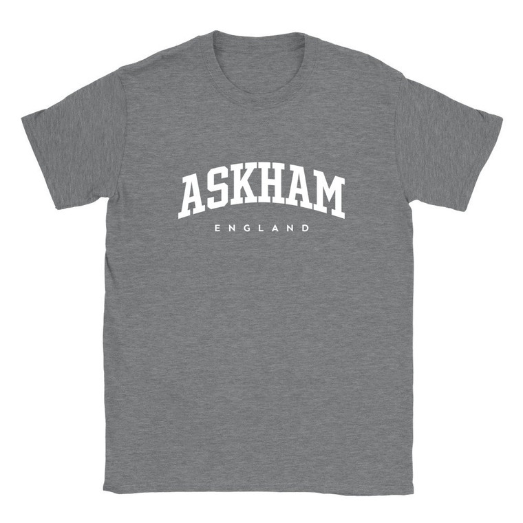 Askham T Shirt which features white text centered on the chest which says the Village name Askham in varsity style arched writing with England printed underneath.