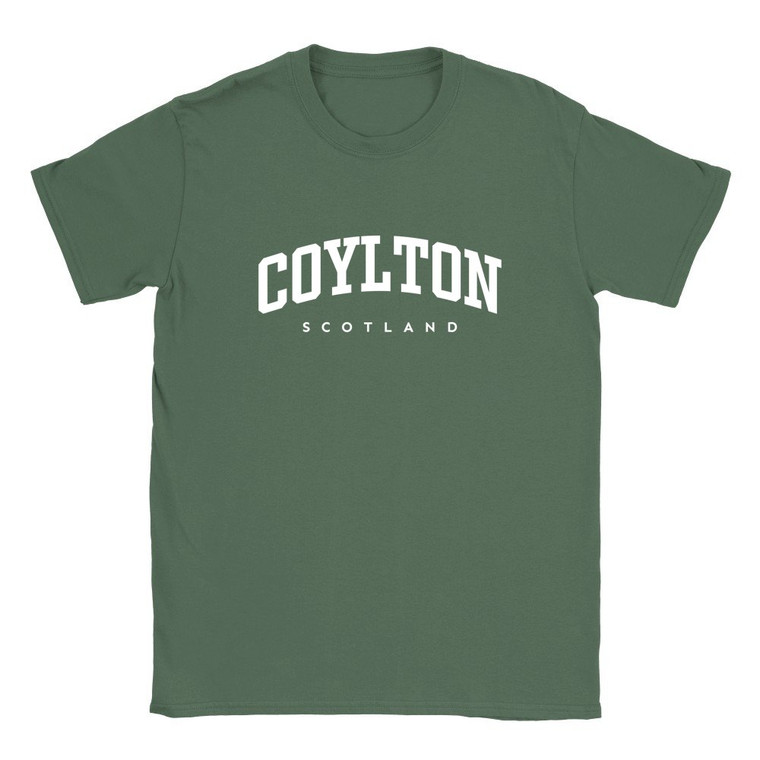 Coylton T Shirt which features white text centered on the chest which says the Village name Coylton in varsity style arched writing with Scotland printed underneath.