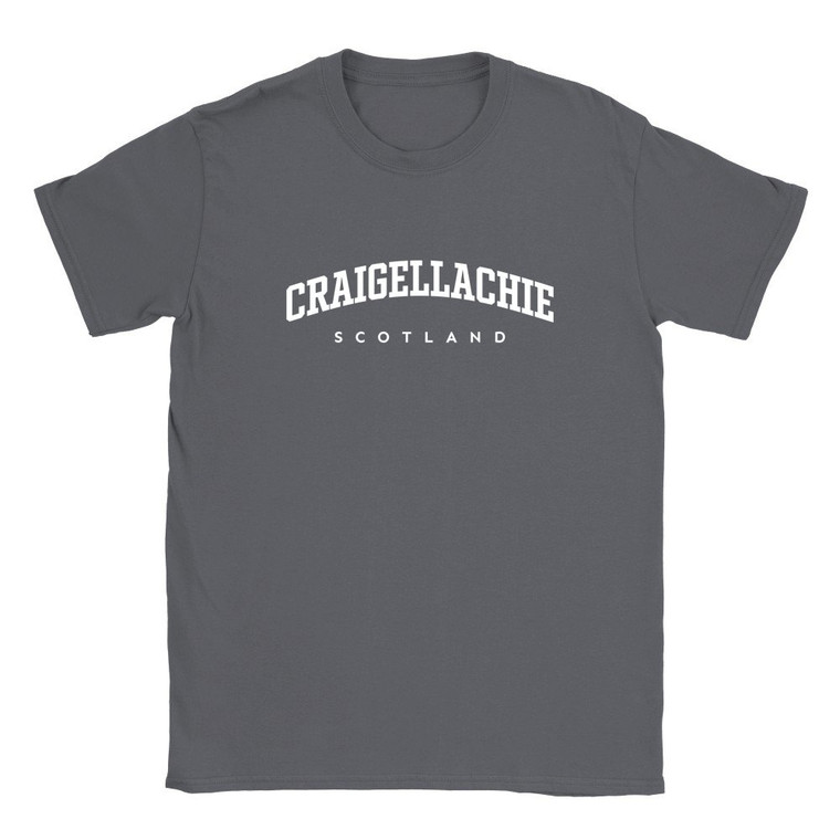 Craigellachie T Shirt which features white text centered on the chest which says the Village name Craigellachie in varsity style arched writing with Scotland printed underneath.