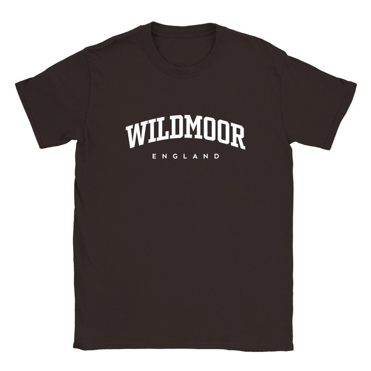 Wildmoor T Shirt which features white text centered on the chest which says the Village name Wildmoor in varsity style arched writing with England printed underneath.