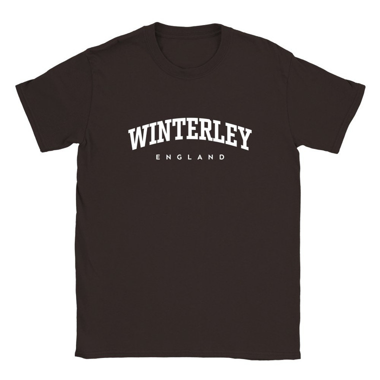 Winterley T Shirt which features white text centered on the chest which says the Village name Winterley in varsity style arched writing with England printed underneath.