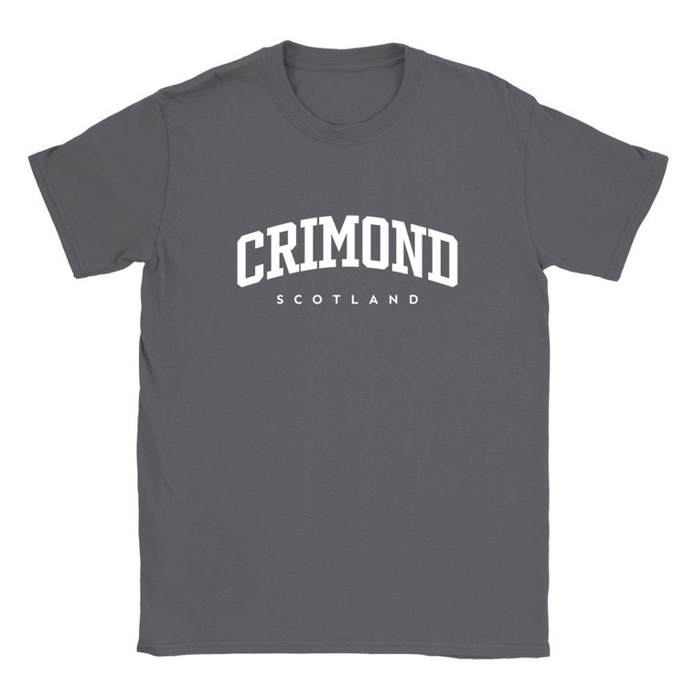 Crimond T Shirt which features white text centered on the chest which says the Village name Crimond in varsity style arched writing with Scotland printed underneath.